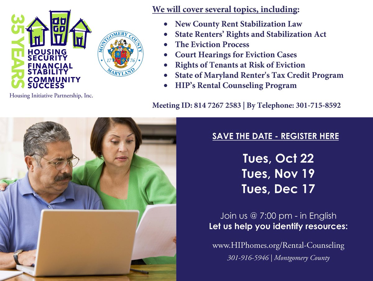 Join us tonight at 7PM on ZOOM for HIP's monthly virtual Tenant Info Session with Montgomery County, MD - Department of Housing and Community Affairs. 

We're taking questions about the new Rent Stabilization Law. We're starting soon. #mocotenantrights