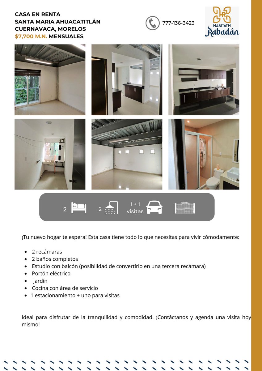 HabitadKw's tweet photo. Casa en renta
Tiene todo lo que necesitas para vivir cómodamente:

 2 recámaras
 2 baños completos
 Estudio con balcón (posibilidad de convertirlo en una tercera recámara)
 Portón eléctrico
  Jardín
 Cocina con área de servicio
1 estacionamiento + uno para visitas
#Morelos https://t.co/JCdbMfX4Ij
