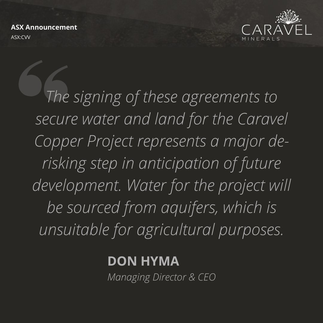 CaravelMinerals's tweet image. Caravel Minerals has entered into an Option Agreement to secure groundwater extraction licences to support the development of its Caravel Copper Project, providing further certainty for the Project's development pathway.
$CVV #copper #development  #WA 
ow.ly/lIW450TQmeC