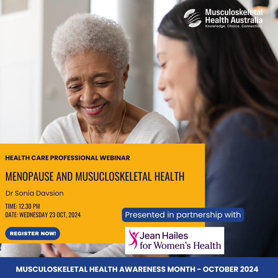 There is still time to register for todays webinar. Presented by Dr Sonia Davison with thanks to @jeanhailes, this webinar is for healthcare professionals seeking to deepen their understanding of the interplay between menopause &amp; msk health. Register at: ecs.page.link/5ETg6
