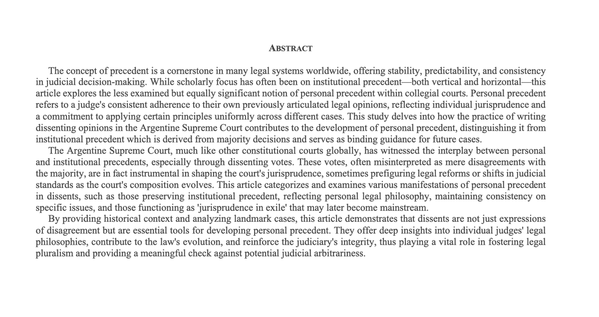 I’m thrilled to share that I’ve been awarded the "Premio Corte Suprema de Justicia de la Nación 2024" for my paper “El precedente personal y el voto en disidencia en la Corte Suprema”. This award is a great honor and an opportunity to further my research in constitutional law.