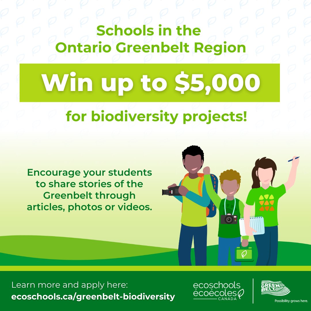 EcoSchools Canada (@ecoschoolscan) on Twitter photo 🌿 We’re excited to announce our continued partnership with <a href="/greenbeltca/">Greenbelt Foundation</a> this year! Schools in the Ontario Greenbelt Region can apply for biodiversity project grants, with a chance to win up to $5,000!
Learn more and apply here: ecoschools.ca/greenbelt-biod… #GreenbeltBiodiversity 🌿 We’re excited to announce our continued partnership with <a href="/greenbeltca/">Greenbelt Foundation</a> this year! Schools in the Ontario Greenbelt Region can apply for biodiversity project grants, with a chance to win up to $5,000!
Learn more and apply here: ecoschools.ca/greenbelt-biod… #GreenbeltBiodiversity