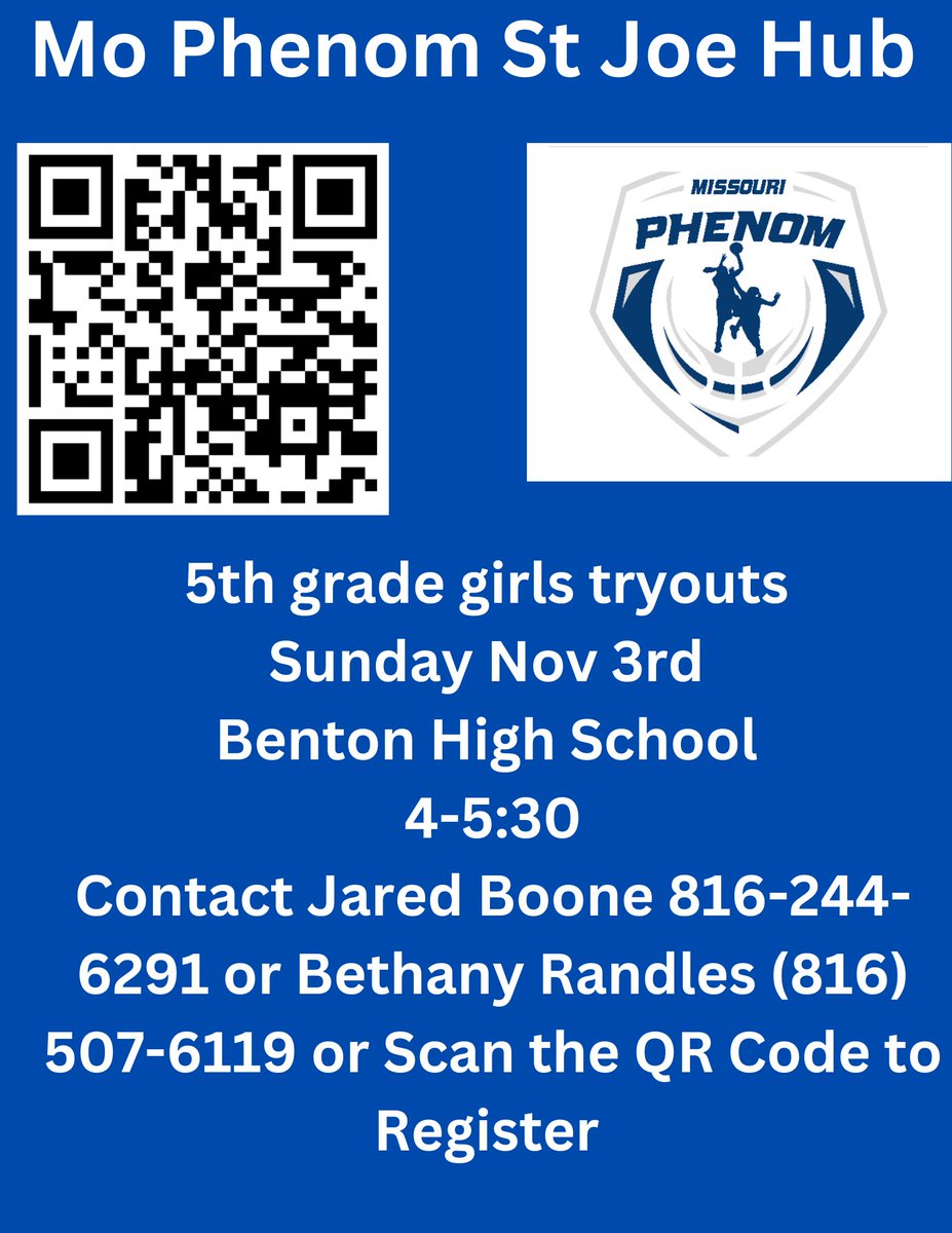 Attention any 5th grade girl looking to play competitive basketball. Mo Phenom St Joe Hub is proud to announce the addition of a 5th grade team. Scan the QR code and registrar for tryouts!