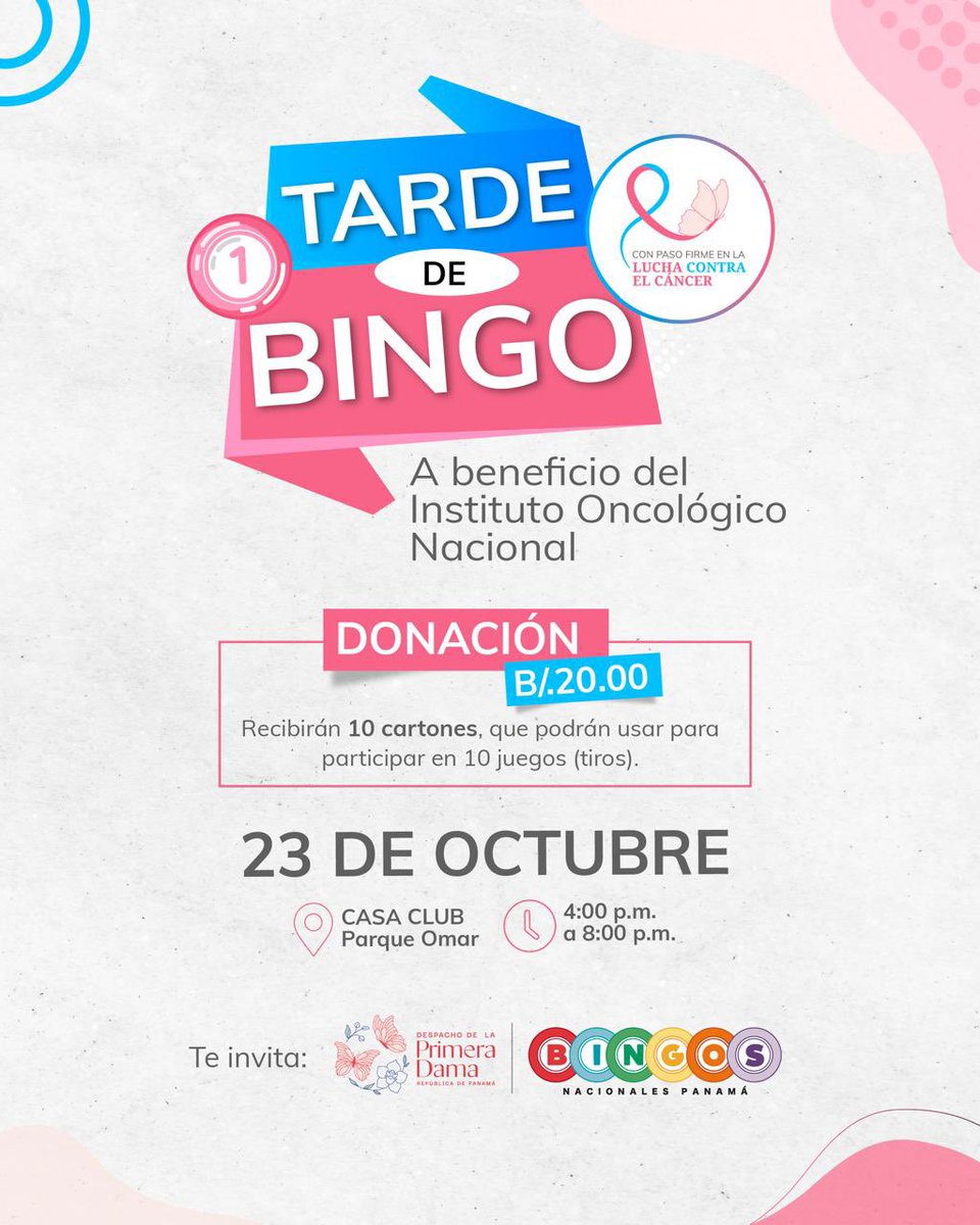 Parque Omar - Panamá (@parqueomarpma) on Twitter photo Te esperamos este miércoles 23 de octubre en la Casa Club de nuestro <a href="/parqueomarpma/">Parque Omar - Panamá</a> desde las 4:00 p.m. hasta las 8:00 p.m., para una Tarde de Bingo en beneficio del <a href="/ioncologico/">Instituto Oncológico</a>
¡Ven a pasar una tarde divertida en familia!
¡Con Paso Firme en la Lucha contra el Cáncer! Te esperamos este miércoles 23 de octubre en la Casa Club de nuestro <a href="/parqueomarpma/">Parque Omar - Panamá</a> desde las 4:00 p.m. hasta las 8:00 p.m., para una Tarde de Bingo en beneficio del <a href="/ioncologico/">Instituto Oncológico</a>
¡Ven a pasar una tarde divertida en familia!
¡Con Paso Firme en la Lucha contra el Cáncer!