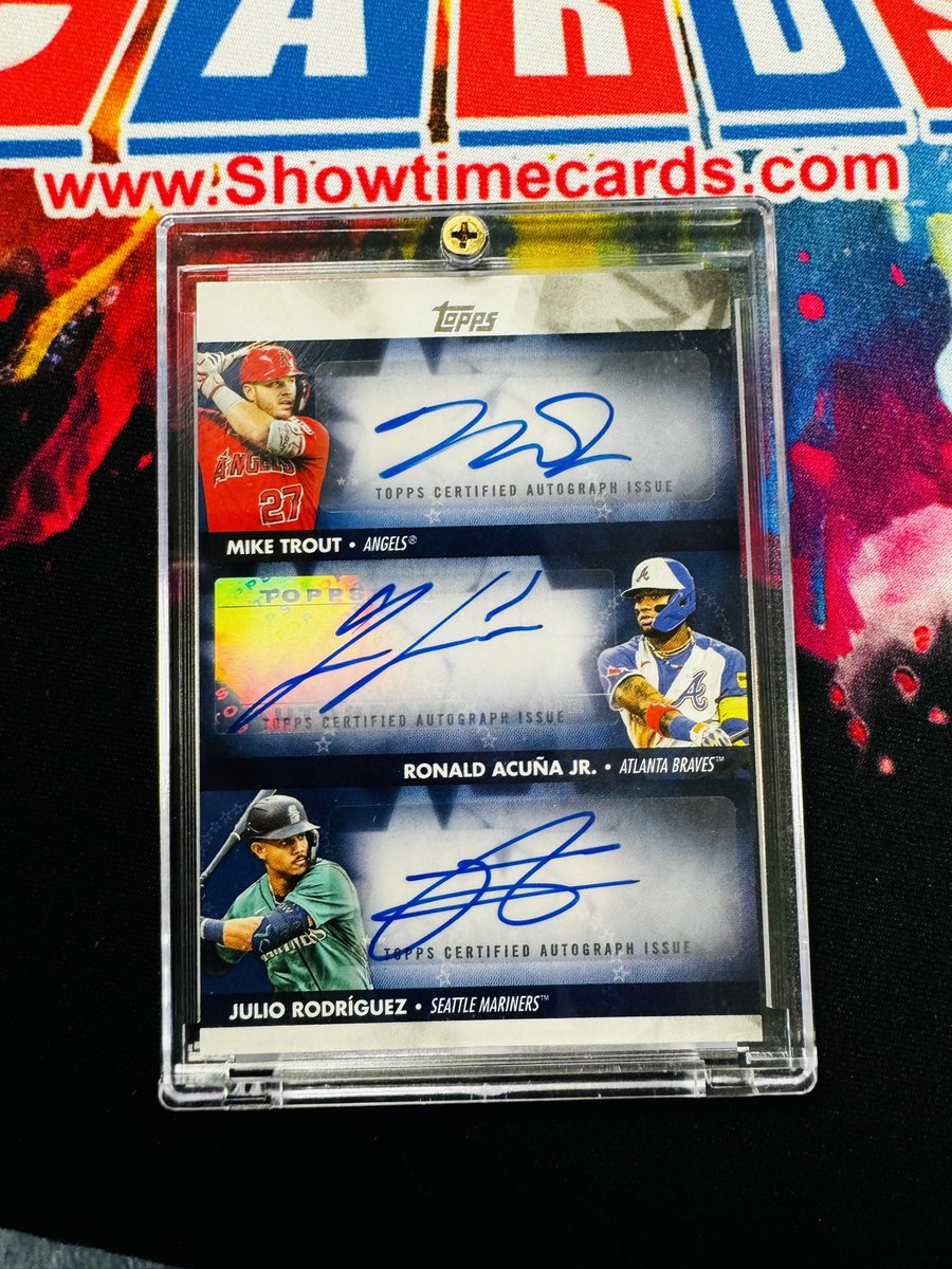 ShowtimeCards's tweet image. Sometimes you can hit monsters from a single hobby pack! Williams hit this nuke from a pack of 2024 @topps Update hobby 🚀🚀🚀
Triple Auto- Mike Trout, Ronald Acuna and Julio Rodriguez 5/5 🔥🔥🔥

#localcardshop #lcs #tripleauto #goats #mvp #thehobby #topps #baseballcards