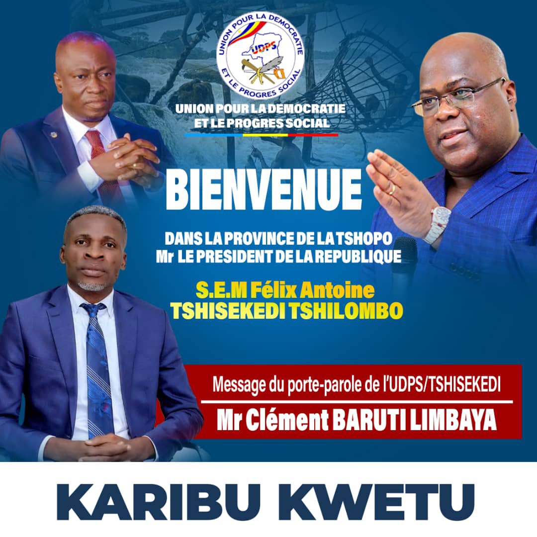 BIENVENUE EN TSHOPO AU PRÉSIDENT FÉLIX TSHISEKEDI

Le Parti UDPS/Tshisekedi, par son porte-parole Clément Baruti Limbaya, souhaite la bienvenue au Chef de l’État. Nous appelons les comités fédéraux à se mobiliser d’une seule voix pour lui réserver un accueil chaleureux.