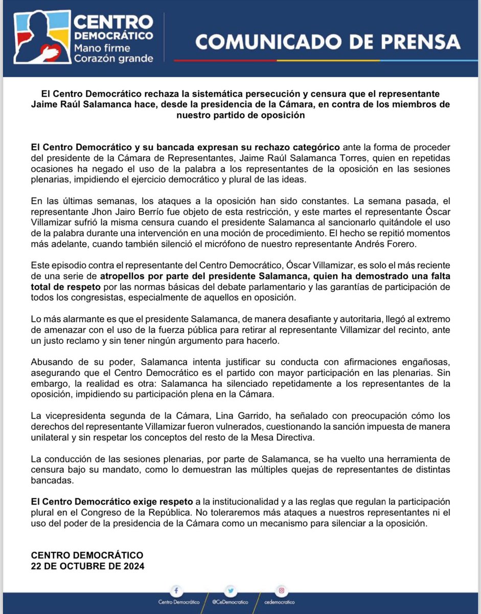 Juan Espinal (@juan_espinalr) on Twitter photo #Comunicado <a href="/CeDemocratico/">Centro Democrático</a> reclamamos garantías y respeto del Presidente de la Cámara de Representantes. #Comunicado <a href="/CeDemocratico/">Centro Democrático</a> reclamamos garantías y respeto del Presidente de la Cámara de Representantes.