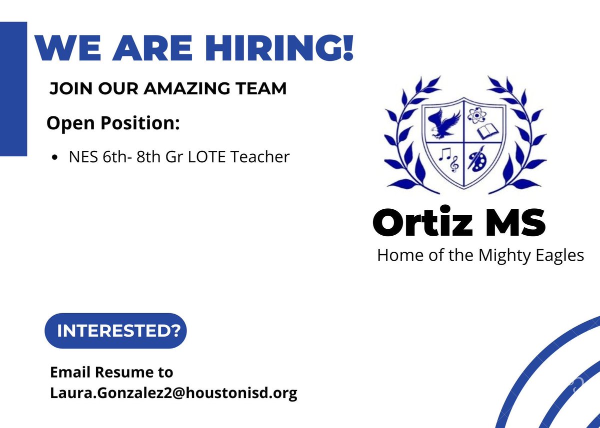 Laura A. Gonzalez (@lauraagonzale12) on Twitter photo 📣 Ortiz MS is hiring! If you are dedicated to fostering language learning and cultural appreciation, apply today. Send your resume to Laura.Gonzalez2@houstonisd.org. 💙💛🦅 #SoaringfortheGold @HISDRecruiter @HISDChoice <a href="/HoustonISD/">Houston ISD</a> 📣 Ortiz MS is hiring! If you are dedicated to fostering language learning and cultural appreciation, apply today. Send your resume to Laura.Gonzalez2@houstonisd.org. 💙💛🦅 #SoaringfortheGold @HISDRecruiter @HISDChoice <a href="/HoustonISD/">Houston ISD</a>