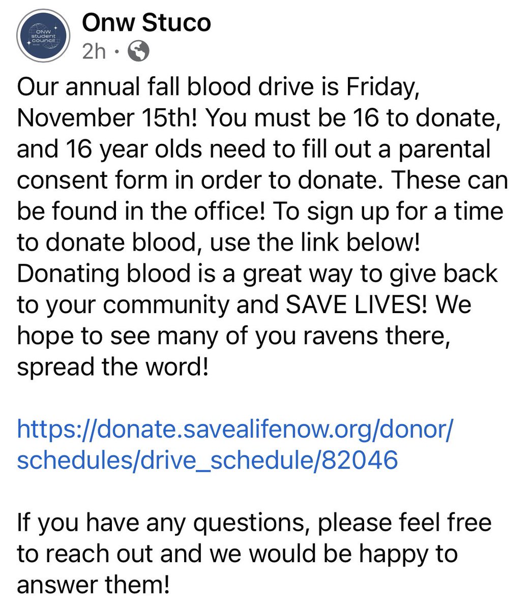 Please consider donating blood at our annual Blood Drive! Our blood centers are experiencing extremely small supplies! Please reach out to me or <a href="/onwstuco/">ONW STUCO</a> if you have any questions! <a href="/ChrisZuck/">Chris Zuck</a> <a href="/theravennation/">Raven Nation</a> <a href="/RavenPrideONW/">RavenPrideONW</a>