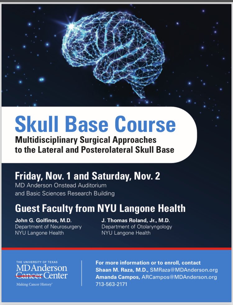 Caroline Brennan (@txbraintrust) on Twitter photo Get ready for the <a href="/MDAndersonNews/">MD Anderson Cancer Center</a> Skull Base Course—just 10 days away!
Expert surgeons <a href="/DrShaanRaza/">Shaan M. Raza, MD</a> and <a href="/FDeMonte1/">Franco DeMonte</a> will join <a href="/nyulangone/">NYU Langone Health</a>’s Drs. John Golfinos and J. Thomas Roland for lectures, discussion, and hands-on practice!
Learn more ⬇️
#oncsurgery #endcancer Get ready for the <a href="/MDAndersonNews/">MD Anderson Cancer Center</a> Skull Base Course—just 10 days away!
Expert surgeons <a href="/DrShaanRaza/">Shaan M. Raza, MD</a> and <a href="/FDeMonte1/">Franco DeMonte</a> will join <a href="/nyulangone/">NYU Langone Health</a>’s Drs. John Golfinos and J. Thomas Roland for lectures, discussion, and hands-on practice!
Learn more ⬇️
#oncsurgery #endcancer