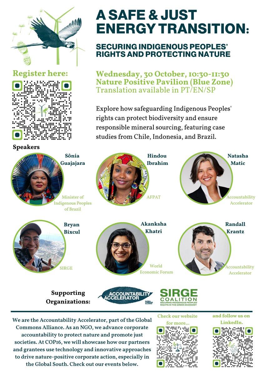 SIRGECoalition's tweet image. Join us on Oct. 30th at #COP16Colombia w/ GCA #AccountabilityAccelerator for the event on 'A Safe & Just Energy Transition: Securing #IndigenousPeoples Rights and Protecting Nature in the Sourcing of Transition Minerals.'  Register: lnkd.in/eTsbBuag #JustTransition #COP16