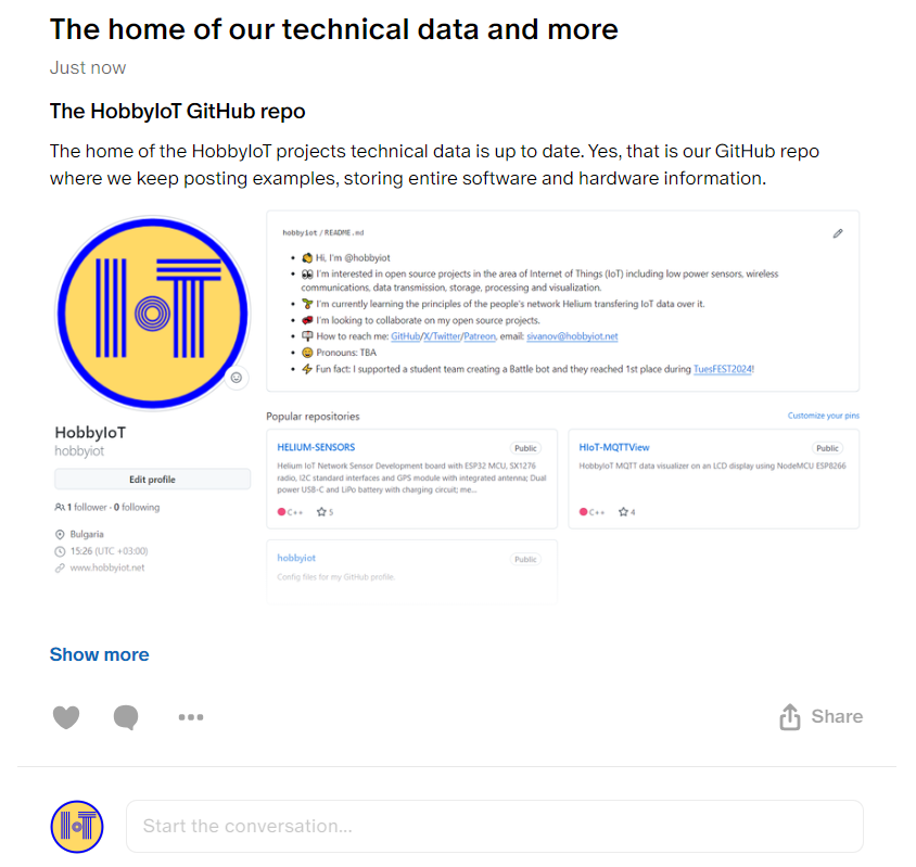 HobbyIoT's tweet photo. Did you learned where our projects live?

https://t.co/kdrlShDlcj

#Arduino #OSHWA #LoRaWAN #OpenSource #Github #GitHubUniverse #Patreon https://t.co/tkbV1AatDK