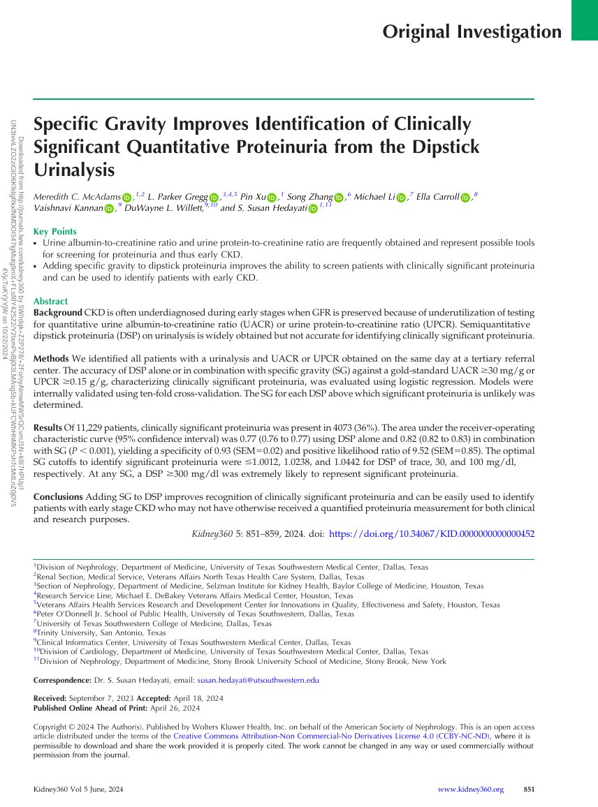 Edgar V. Lerma 🇵🇭 (@edgarvlermamd) on Twitter photo Specific Gravity Improves Identification of Clinically Significant Quantitative Proteinuria from the Dipstick Urinalysis ca. 2024 from <a href="/ASNKidney360/">ASN Kidney360</a>
#Nephpearls #KidneyWk #BestofKidney360
#VisualAbstract by <a href="/captainchloride/">Nayan Arora,MD</a>
👉 pubmed.ncbi.nlm.nih.gov/38664867/ Specific Gravity Improves Identification of Clinically Significant Quantitative Proteinuria from the Dipstick Urinalysis ca. 2024 from <a href="/ASNKidney360/">ASN Kidney360</a>
#Nephpearls #KidneyWk #BestofKidney360
#VisualAbstract by <a href="/captainchloride/">Nayan Arora,MD</a>
👉 pubmed.ncbi.nlm.nih.gov/38664867/