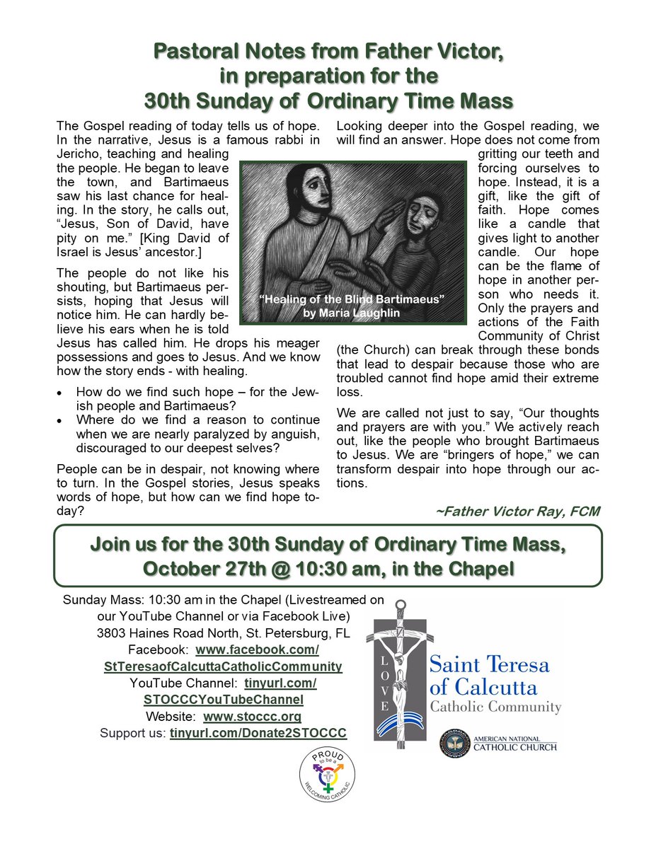 STOCCC2's tweet photo. Join us for the 30th Sunday of Ordinary Time Mass, October 27th, @ 10:30 am, in the Chapel!
https://t.co/AZKC9DY42W
#OrdinaryTime #OrdinaryTimeMass #CatholicMass #StTeresaofCalcuttaCatholicCommunity #STOCCC #ANCC #AmericanNationalCatholicChurch #Catholic #IndependentCatholics https://t.co/mazZAA8tpT