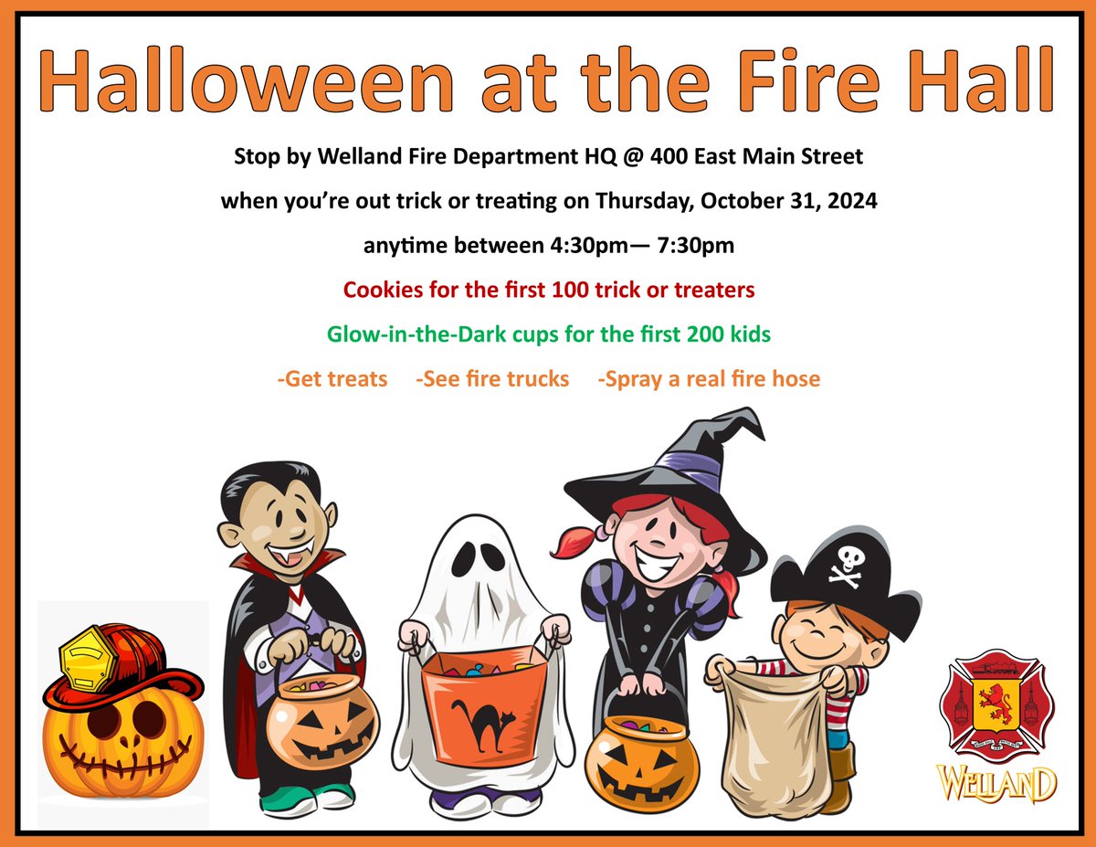 Hey kids, don't forget to stop by <a href="/WellandFire/">WellandFire</a> HQ on East Main Streeton Halloween for a treat, a photo with a fire truck, and more.
Our doors will be open 4:30pm - 7:30pm
Smoke alarm shaped cookies for the first 100 trick-or-treaters.
Glow-in-the-dark cups for the first 200 kids