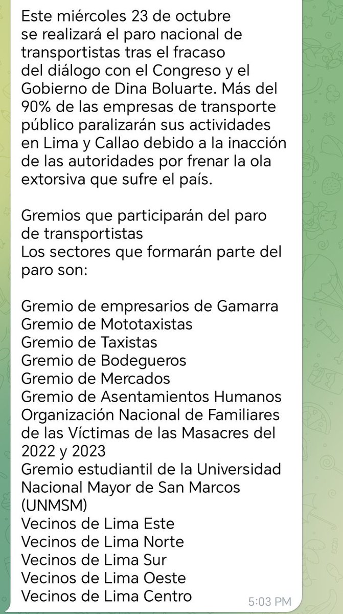 Frida Rios (@fridariosn) on Twitter photo El Ejecutivo ha fracasado en su labor de combatir la Inseguridad, aunque <a href="/DinaBoluarte_/">Dina Boluarte</a> diga lo contrario. Prueba de ello es que todos los sectores productivos se suman a paro Nacional. Se requiere acciones concretas Sra. Boluarte!!
#ParoNacionalIndefinido
#ExigimosSeguridad El Ejecutivo ha fracasado en su labor de combatir la Inseguridad, aunque <a href="/DinaBoluarte_/">Dina Boluarte</a> diga lo contrario. Prueba de ello es que todos los sectores productivos se suman a paro Nacional. Se requiere acciones concretas Sra. Boluarte!!
#ParoNacionalIndefinido
#ExigimosSeguridad