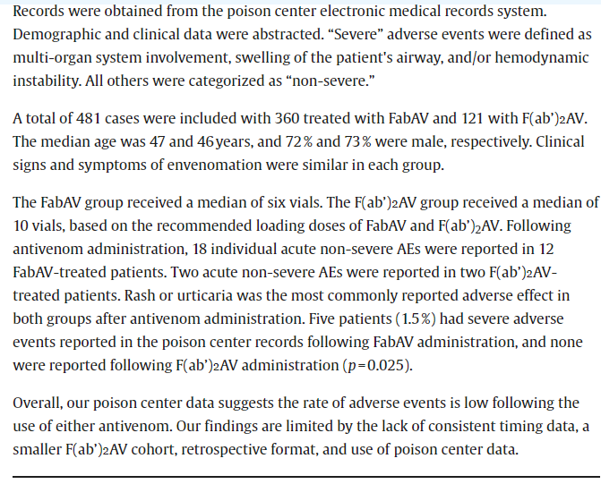 New in-press Anavip vs Crofab review looking at reported AEs to CA Poison Centers

Limited AEs with either agent among almost 500 cases

bit.ly/3Ue7Zv9