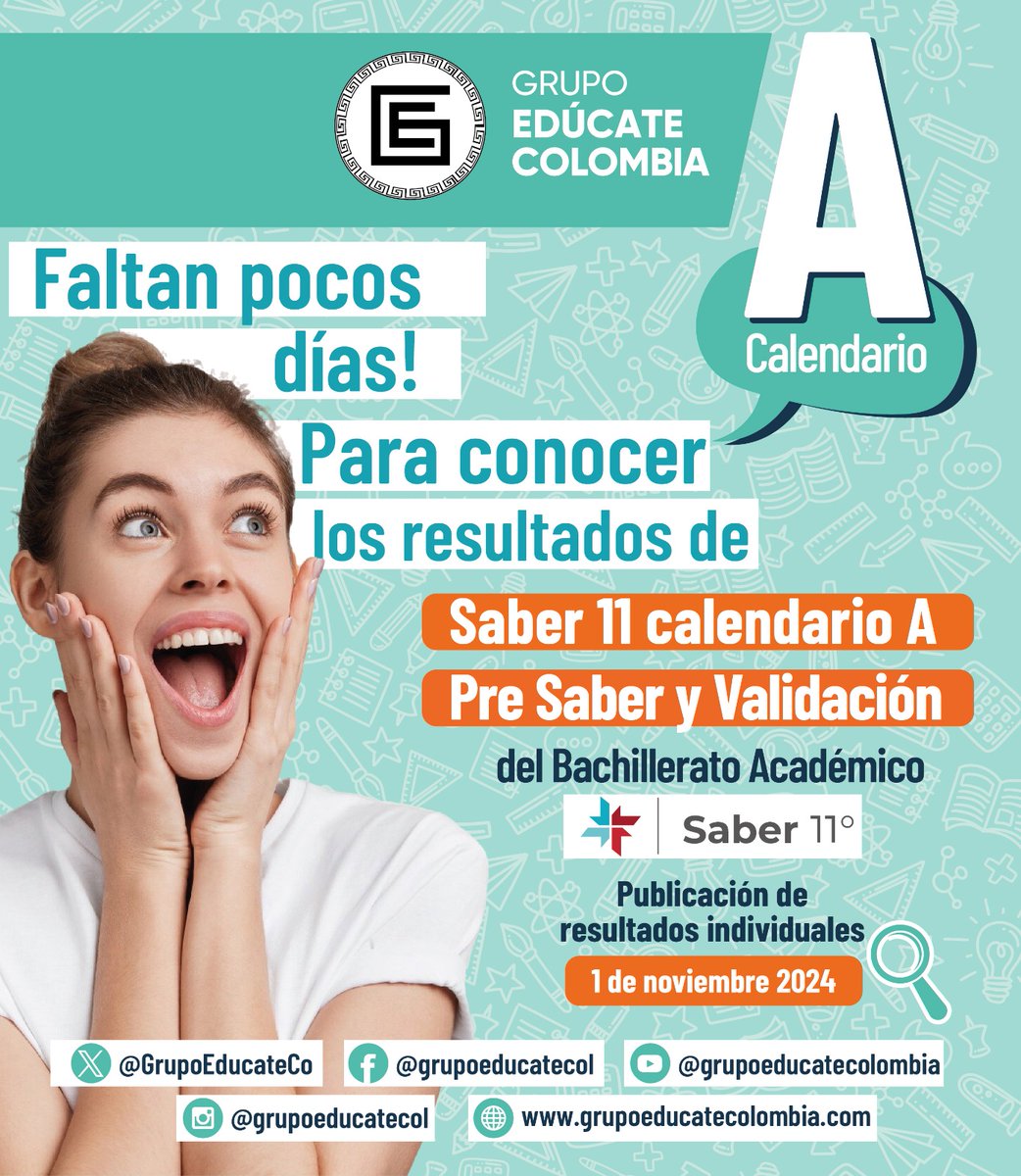 GrupoEducateCol's tweet photo. ¡Atención estudiantes! 📚✨ Ya casi llegan los resultados del Saber 11 calendario A. Este 1 de noviembre conoceremos los puntajes del Pre Saber y validación del bachillerato. ¡Mucho éxito a todos! 🎓 #Saber11 #EducacionColombia #grupoeducatecolombia https://t.co/tg9dZx6dxk