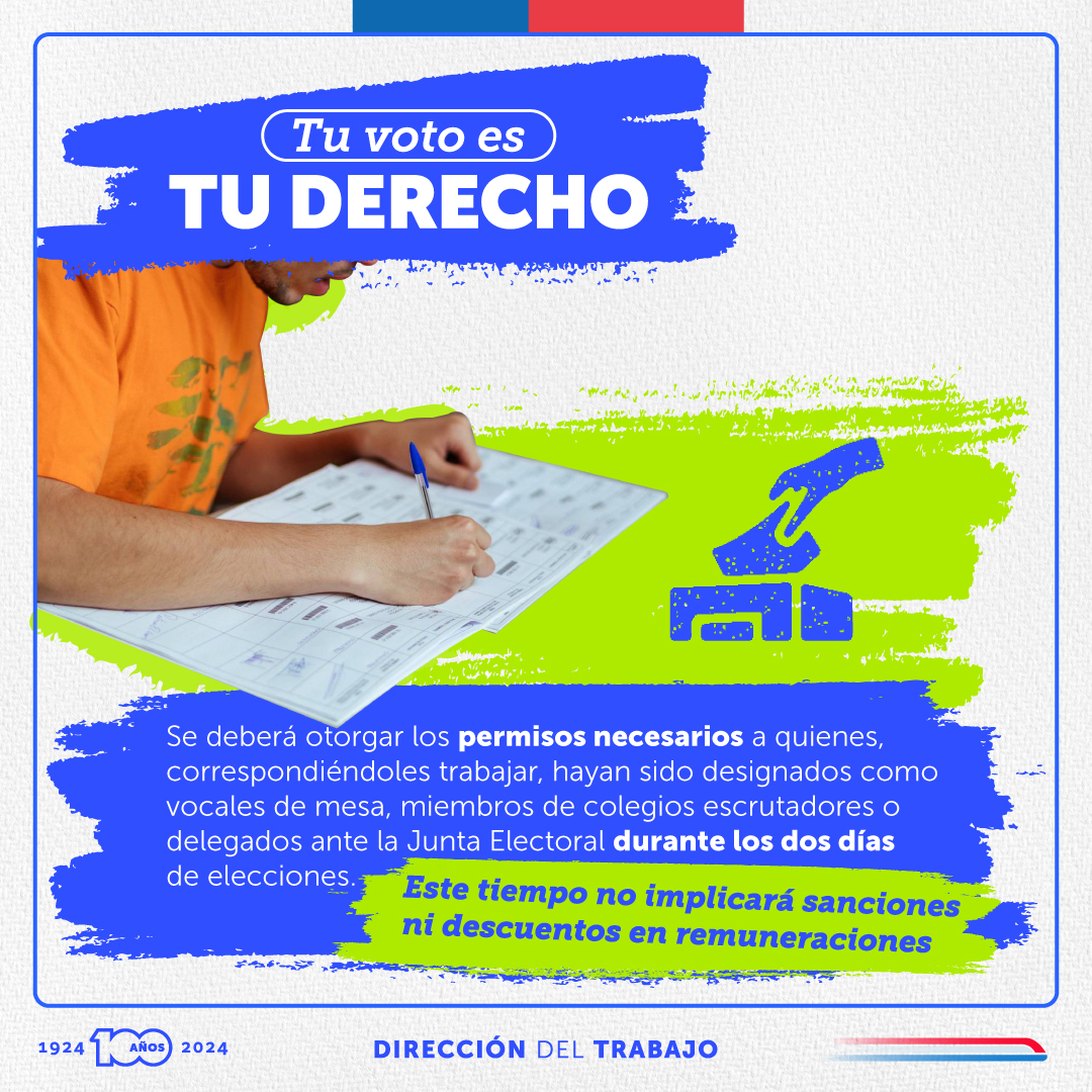 🗳️26-27 de oct. se llevarán a cabo elecciones regionales y municipales. Durante los 2 días, se deberán otorgar permisos necesarios a quienes, correspondiéndoles trabajar, hayan sido designados como vocales de mesa, miembros colegios escrutadores o delegados ante Junta Electoral.