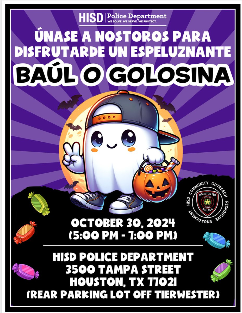 HISD PAWS (@hisdpaws) on Twitter photo Come out for some good music, great fun and best of all CANDY 🍬 🍭!! The HISD Police Department <a href="/HISDPolice/">Houston ISD Police</a> is hosting a Trunk or Treat Halloween event! All are welcome! We hope to see you there it’s going to be a SPOOKTACULAR TIME 👻 Come out for some good music, great fun and best of all CANDY 🍬 🍭!! The HISD Police Department <a href="/HISDPolice/">Houston ISD Police</a> is hosting a Trunk or Treat Halloween event! All are welcome! We hope to see you there it’s going to be a SPOOKTACULAR TIME 👻