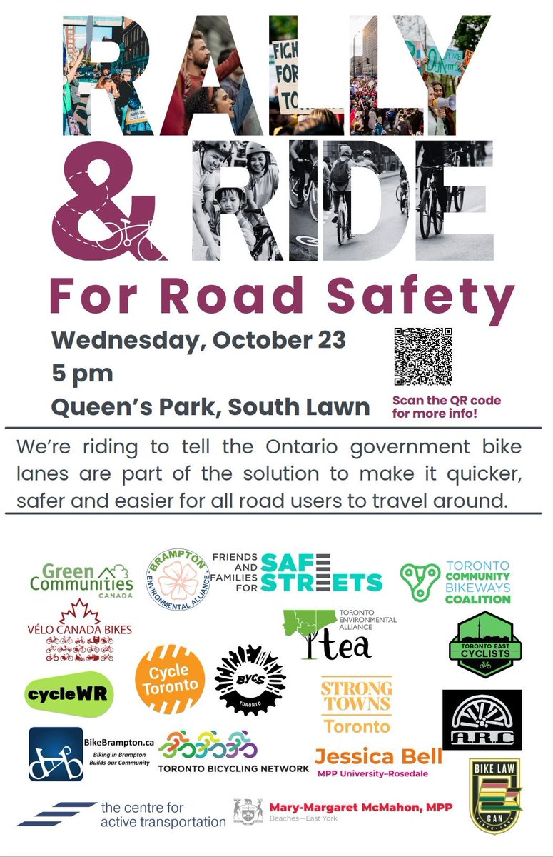 Tomorrow, we are riding to tell the Ontario government that bike lanes are part of the solution to make roads quicker, safer, and easier for all road users. 
 Join us for the Rally &amp; Ride for Road Safety tomorrow!
📆 Wednesday, October 23, 2024
🕔 5 pm
📍 Queen's Park, South Lawn