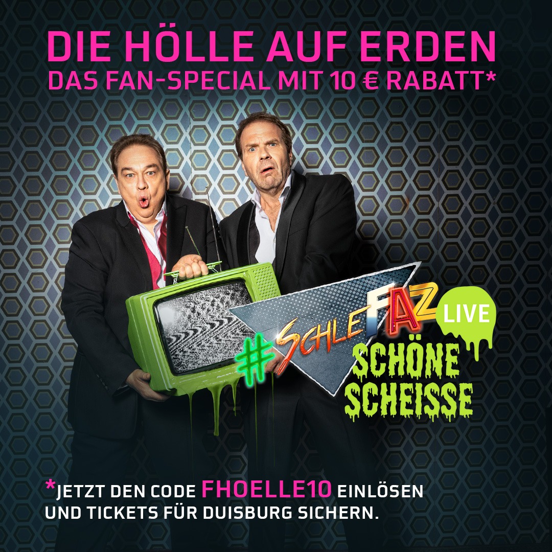 schlefaz's tweet image. Der #SchleFaZ-Friends and Family Deal!  
Spare 10 € pro Karte mit dem #Rabattcode FHOELLE 🎉 Seid mit euren Freunden live dabei, bei unserem legendären SchleFaZ-Event am 28.10. in #Duisburg! 
Wir freuen uns auf euch! 😍
Tickets👉 on.nitro-tv.de/16/SchleFaZ-Ti…