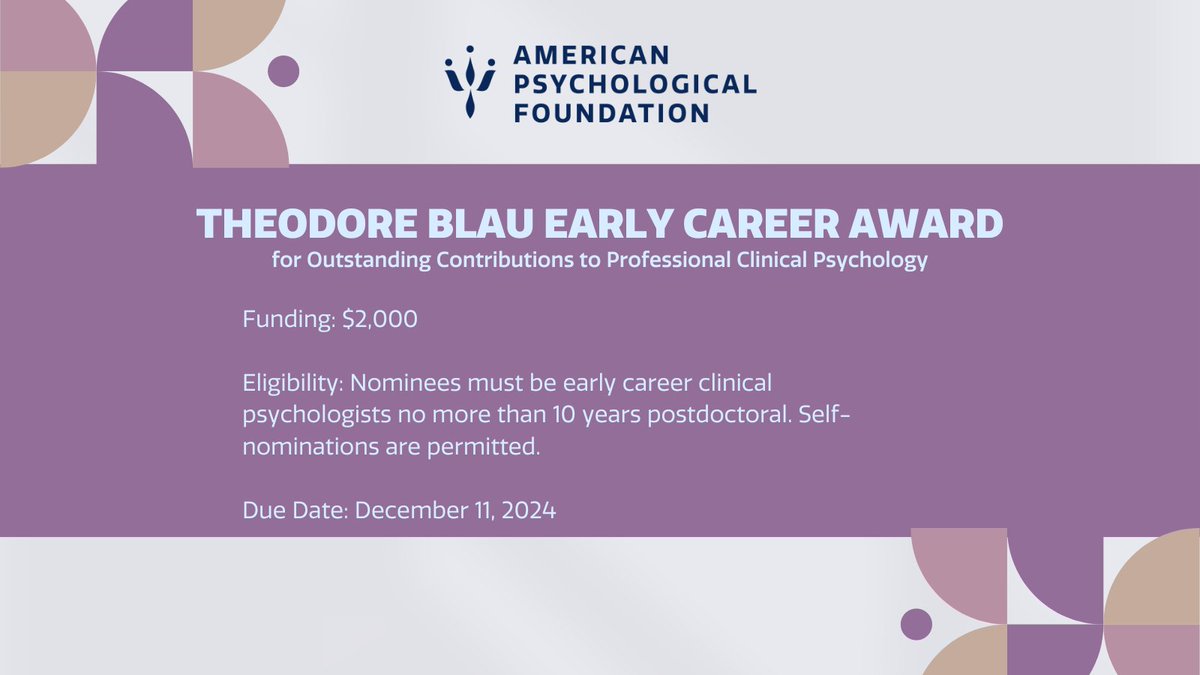American Psychological Foundation (@ampsychfdn) on Twitter photo Nominations for the <a href="/SCPdiv12/">Society of Clinical Psychology (APA Div. 12)</a> Theodore Blau Early Career Award open on 11/1! π« This award honors a clinical psychologist for accomplishments and promise in clinical psychology. Nominate someone today! ow.ly/81S950TI6GZ
#ClinicalPsychology Nominations for the <a href="/SCPdiv12/">Society of Clinical Psychology (APA Div. 12)</a> Theodore Blau Early Career Award open on 11/1! π« This award honors a clinical psychologist for accomplishments and promise in clinical psychology. Nominate someone today! ow.ly/81S950TI6GZ
#ClinicalPsychology