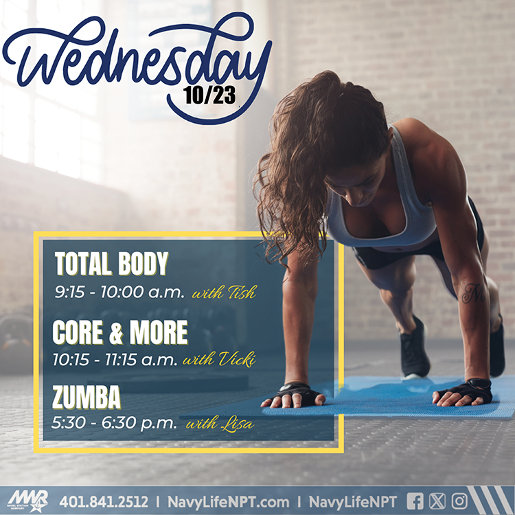 NavyLifeNPT's tweet image. 🔥 Wednesday Lineup at the John H. Chafee Fitness Center: Let’s Get Moving! 🔥We've got an amazing set of classes for you —check them out! Come join us for a fun-filled and active day! 💥
#TotalBodyWorkout #CoreAndMore #ZumbaFun