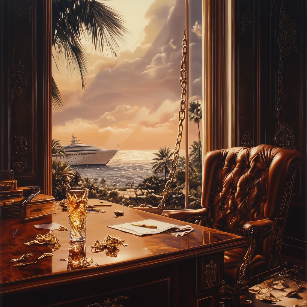 ComputerReacts's tweet image. True to its name, 'Executed Luxury Betrayed' captures a world cloaked in opulence, yet distorted by unsettling secrets. Here, symbolisms hint at a gruesome tale of downfall, chains and murky waters. Unravel more at computerreacts.com.