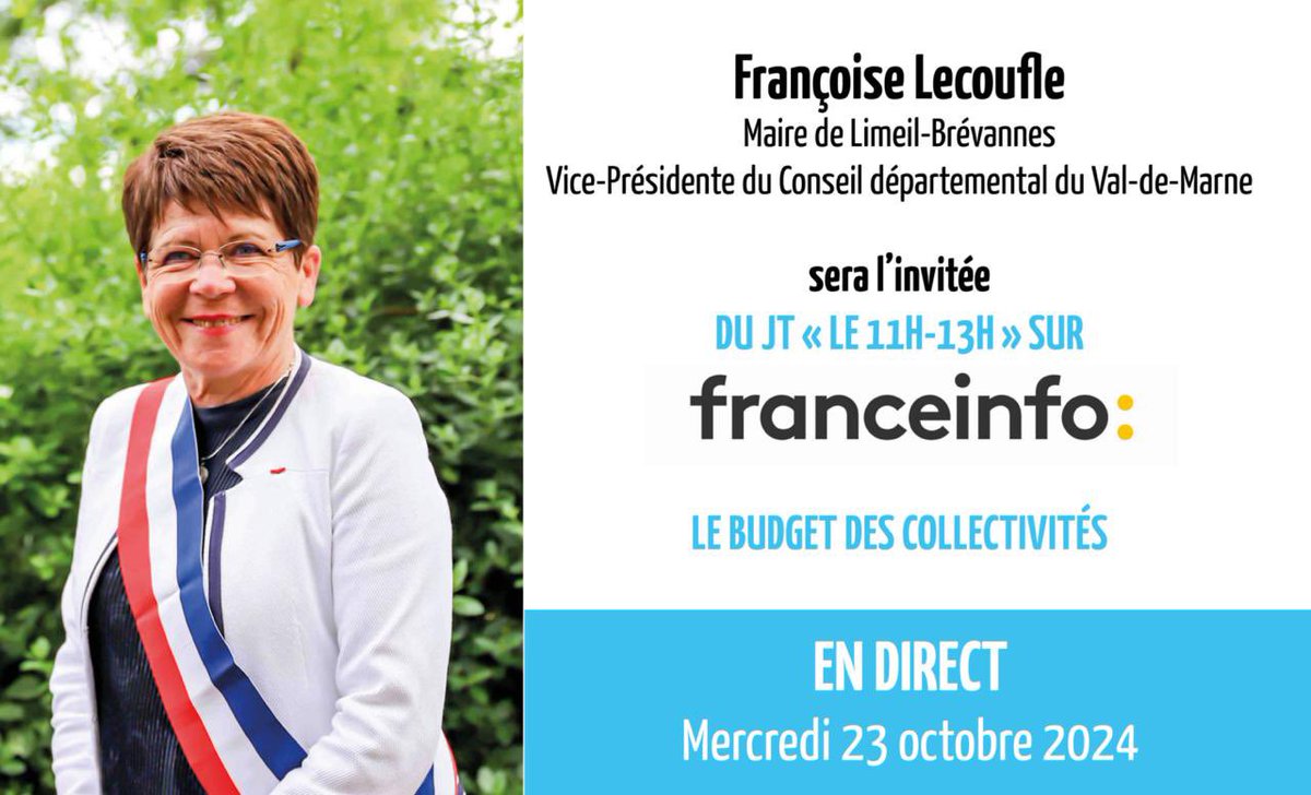 Retrouvez-moi demain, mercredi 23 octobre, dans le JT du 11/13 sur <a href="/franceinfo/">franceinfo</a> (canal 27 de la TNT) pour échanger sur le #budget des collectivités territoriales.