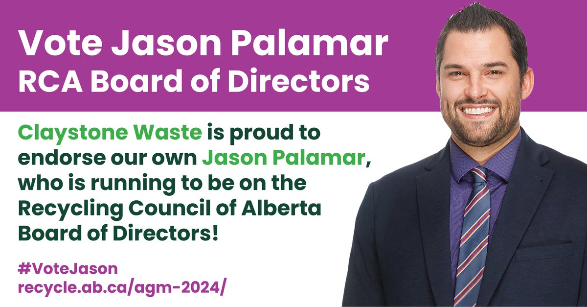 It's election season - and we don't mean the US Presidential Election!
October 30 is when members of <a href="/3RsAB/">Recycling Council AB</a> votes for the Board of Directors at the AGM in Banff - and Claystone Waste is excited to endorse our own Jason Palamar as a candidate!  
Learn more about Jason (and the