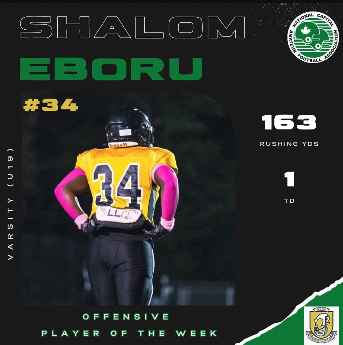 Thankful to be pick as offensive player of the week, hard fought season this year now entering playoffs. Great way to start and end off the regular season 💛

Season stats 
Position: FB/RB
500+ yards 
6 touchdowns