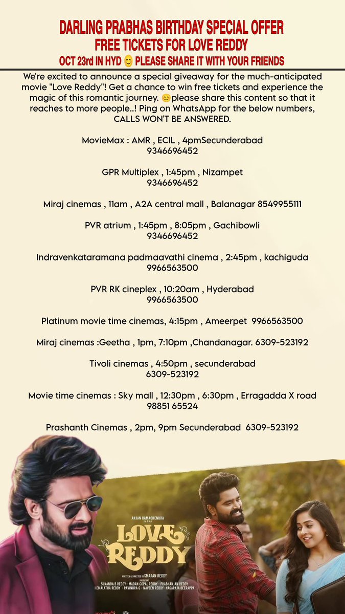 Darling Prabhas anna birthday special ❤️❤️❤️#PrabhasForLoveReddy #prabhassupportslovereddy #prabhasfan #lovereddy #PrabhasBirthday #Prabhas 
Please book your tickets now! 
linktr.ee/LoveReddyTicke…