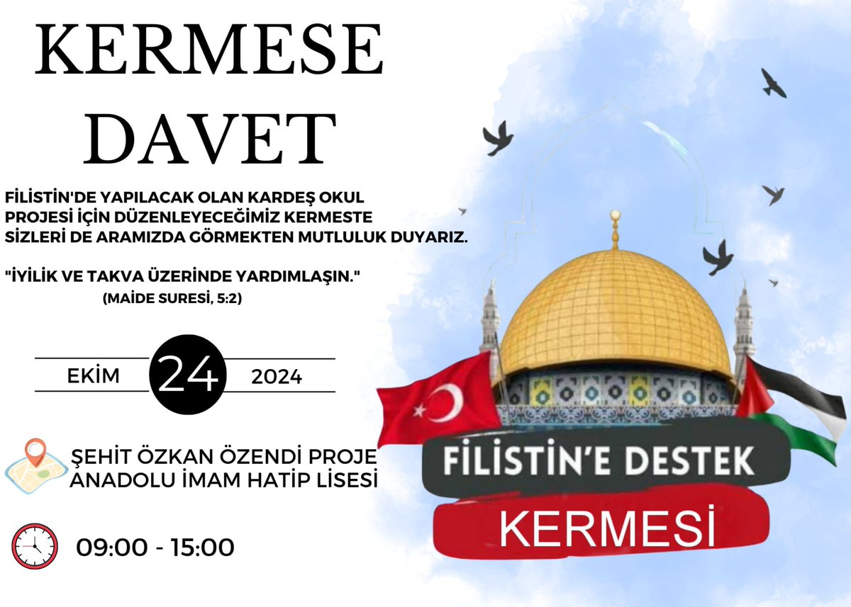 Şehit Özkan Özendi Anadolu İHL ile birlikte düzenlediğimiz; geliri,Filistin'de yapılacak olan "Kardeş Okul Projesi" yararına kullanılacak hayır çarşısısına davetlisiniz💫

🗓️ 24 Ekim Perşembe 
🕞 09.00-15.00
🚩 Şehit Özkan Özendi Anadolu İHL