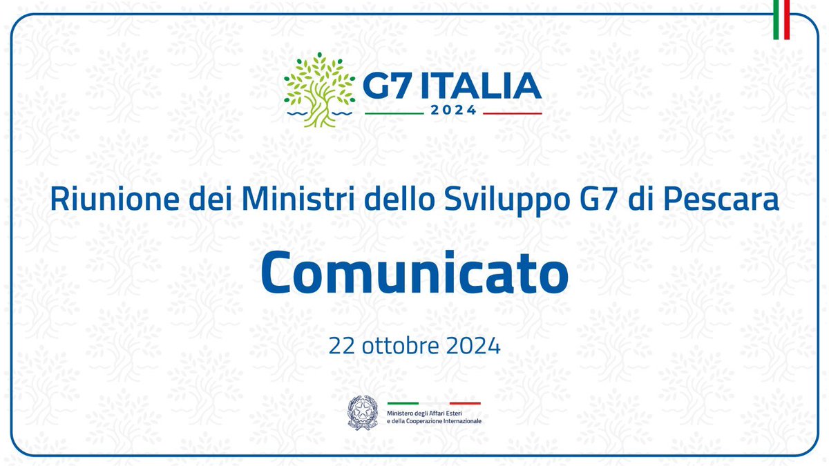#G7Italia2024 | Sotto la Presidenza del Ministro <a href="/Antonio_Tajani/">Antonio Tajani</a>, i Ministri dello Sviluppo <a href="/G7/">G7</a> hanno adottato il comunicato finale. 
🇮🇹🇨🇦🇫🇷🇺🇸🇬🇧🇩🇪🇯🇵🇪🇺👇
esteri.it/it/sala_stampa…