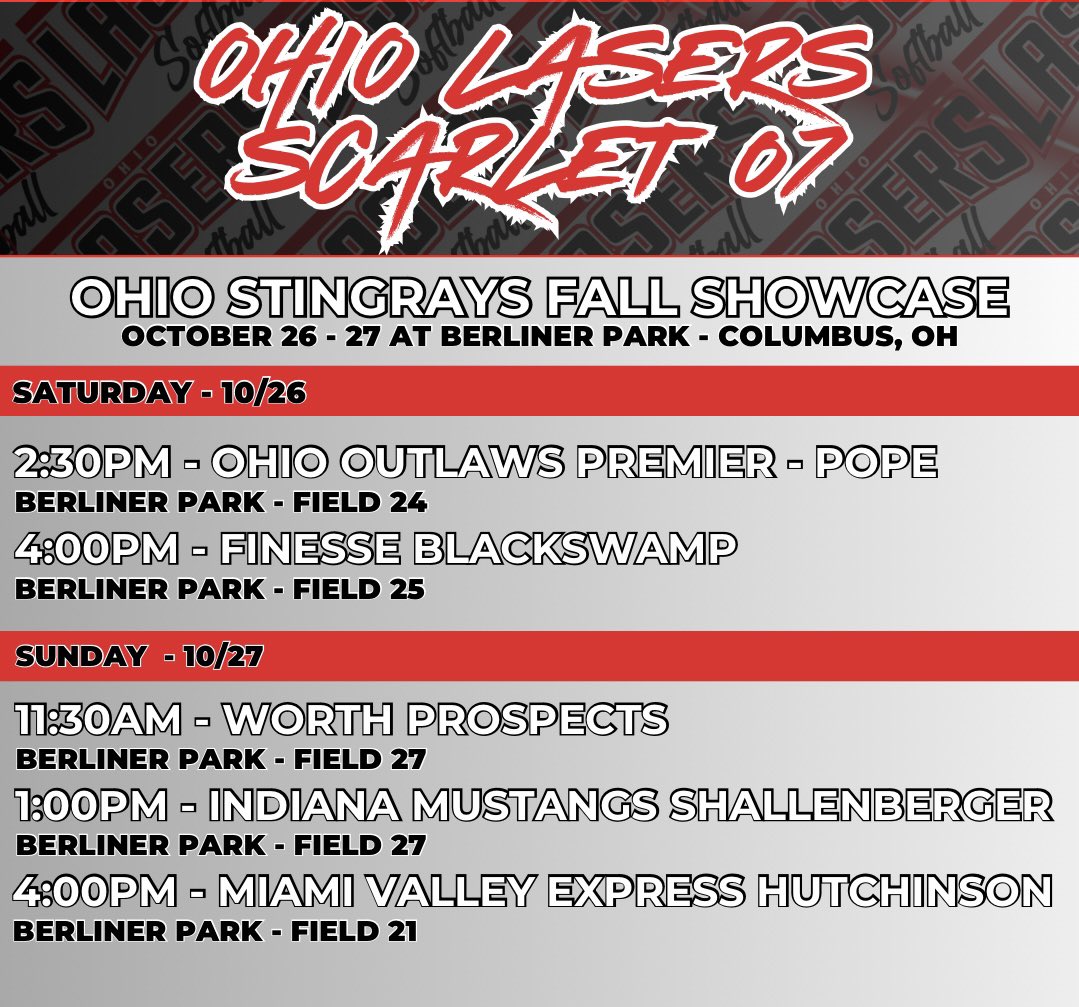 Our schedule this weekend for the <a href="/OHStingraysShow/">Ohio Stingrays Showcase</a> Ohio Stingrays Fall Showcase Power Pools.. come check us out at Berliner!