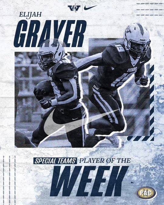 SPECIAL TEAMS PLAYER OF THE WEEK 🚨

Congratulations #23, Elijah Grayer 🚾⚔️
-
#titanathletics #kingsofthenorth #pacplayeroftheweek