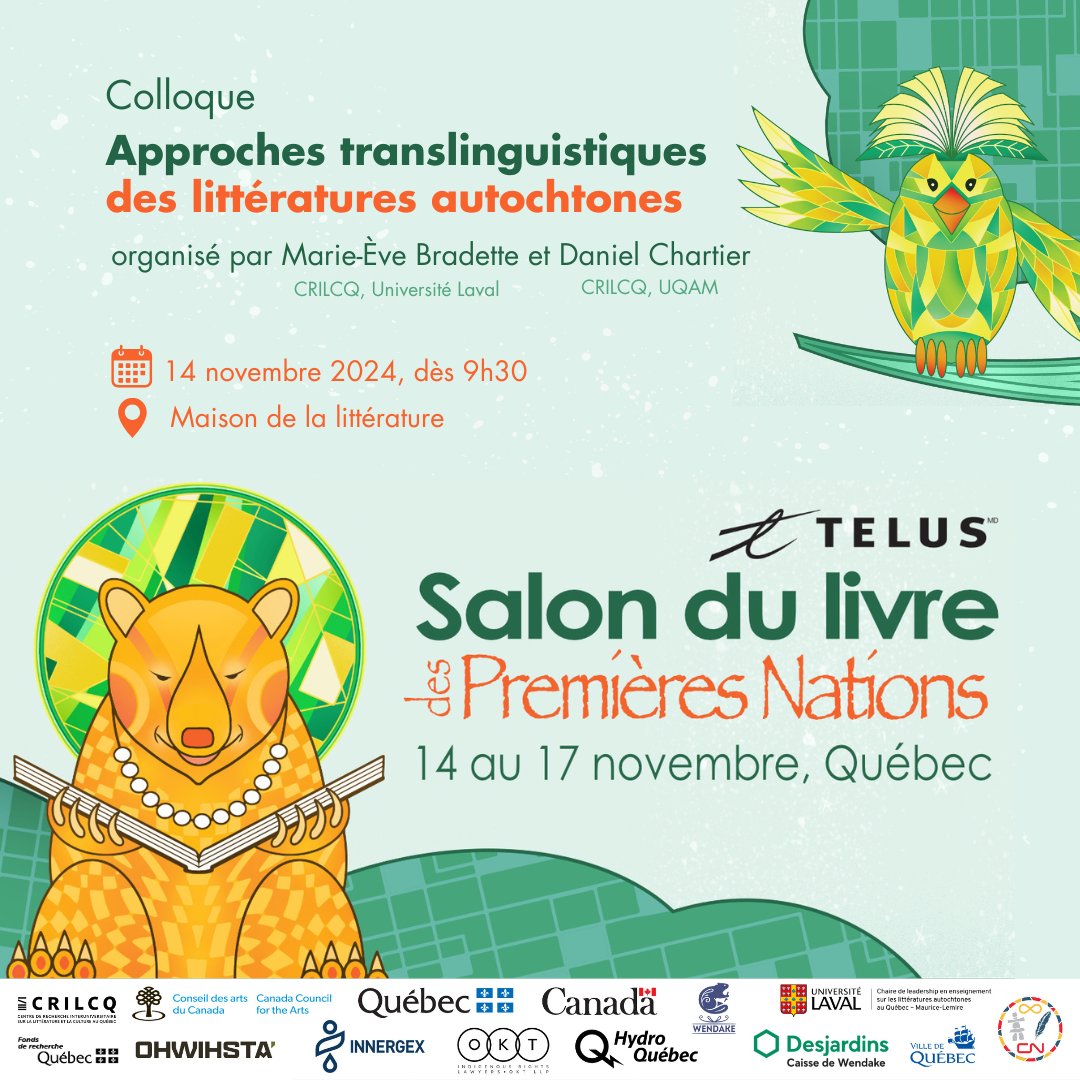🟧[COLLOQUE] Dans le cadre du Salon du Livre des Premières Nations se tiendra le colloque intitulé « Approches translinguistiques des littératures autochtones ».

📅14 novembre
📍<a href="/litteratureqc/">Maison littérature</a>

Info👇
crilcq.org/actualites/col…

#CommunautéFRQ #litteraturesautochtones #littqc #SLPN