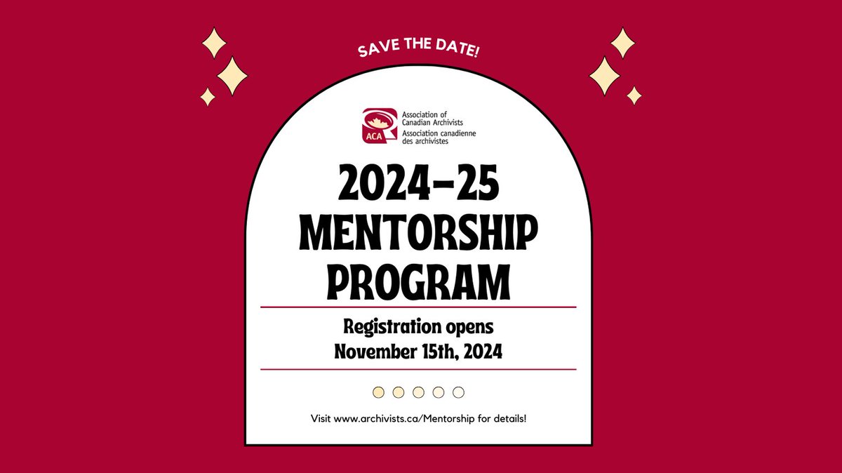 Save the date: our 2024 Mentorship program will open for enrollment on November 15th! Whether you're an emerging professional or a seasoned archivist, participating in the mentorship program is a wonderfully enriching experience! archivists.ca/Mentorship.