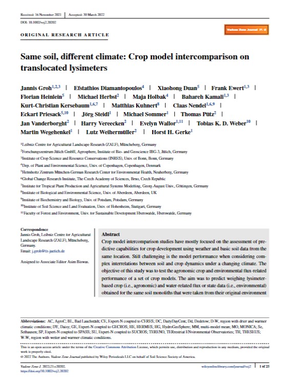 Congratulations to Dr. Jannis Groh &amp; coauthors for receiving the 2024 <a href="/vadosezonej/">Vadose Zone Journal</a> Outstanding Paper Award for their paper "Same soil, different climate: Crop model intercomparison on translocated lysimeters"! acsess.onlinelibrary.wiley.com/doi/10.1002/vz…