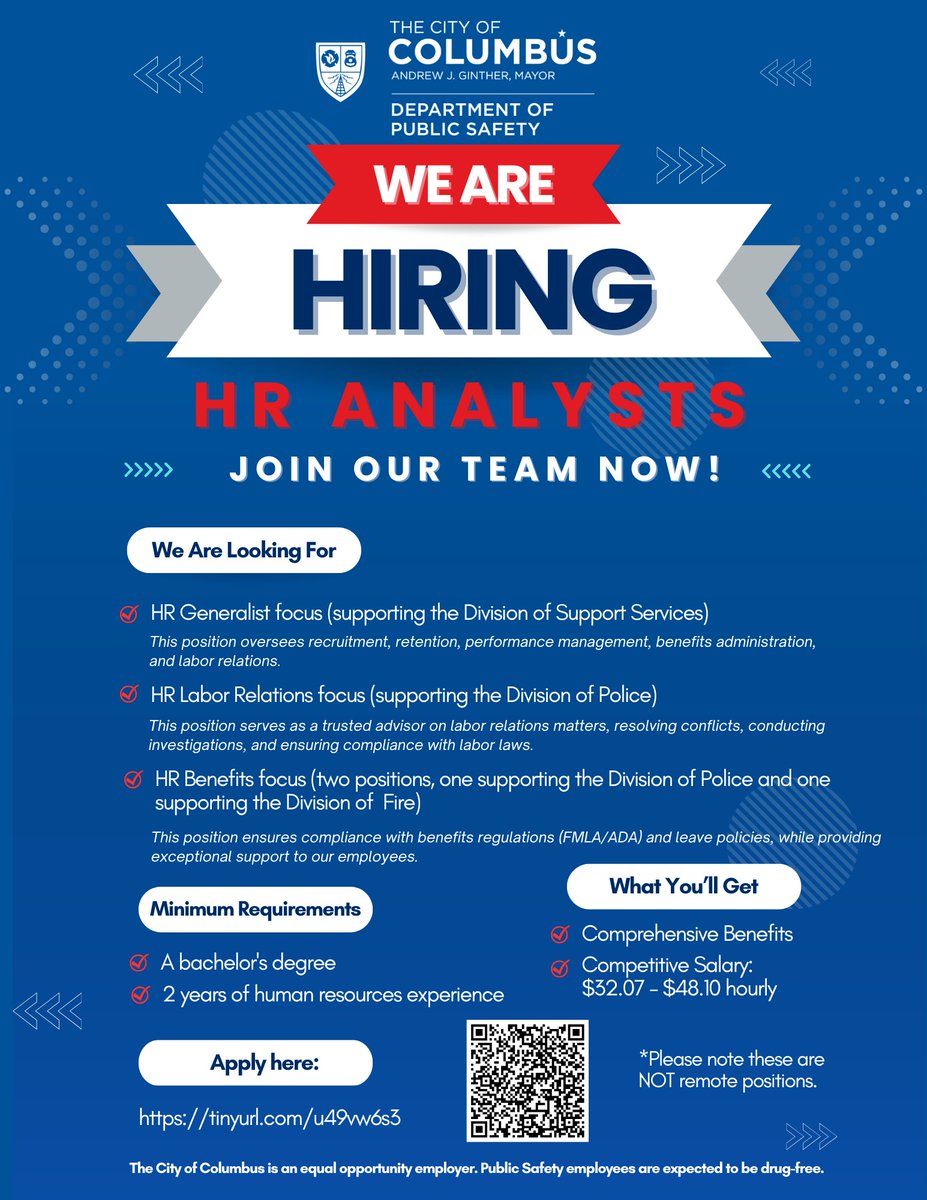 Columbus Department of Public Safety (@columbussafety) on Twitter photo Looking for an exciting new career? We have multiple HR Analyst openings: <a href="/ColsFire/">Columbus OH Fire</a>, <a href="/ColumbusPolice/">Columbus Division of Police</a>, and 911.
Visit our site to learn more about our great benefits and competitive pay.
Help shape the future of #PublicSafety in #Columbus!
Link: governmentjobs.com/careers/columb… Looking for an exciting new career? We have multiple HR Analyst openings: <a href="/ColsFire/">Columbus OH Fire</a>, <a href="/ColumbusPolice/">Columbus Division of Police</a>, and 911.
Visit our site to learn more about our great benefits and competitive pay.
Help shape the future of #PublicSafety in #Columbus!
Link: governmentjobs.com/careers/columb…
