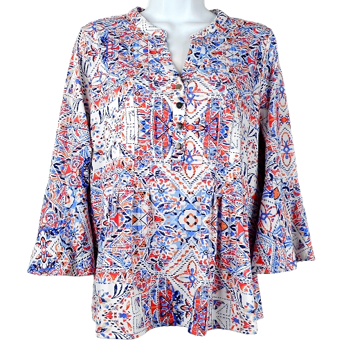 bevsshop's tweet image. Check out this listing in our #Poshmark closet: Like New Studio Works Top MP Blue Orange Print 3/4 Bell Sleeve Stretch Henley w/ Pleats. #studioworks #petites #petitesclothing #bellsleeve #henley posh.mk/JkuXhTjtUNb #shopmycloset @poshmarkapp