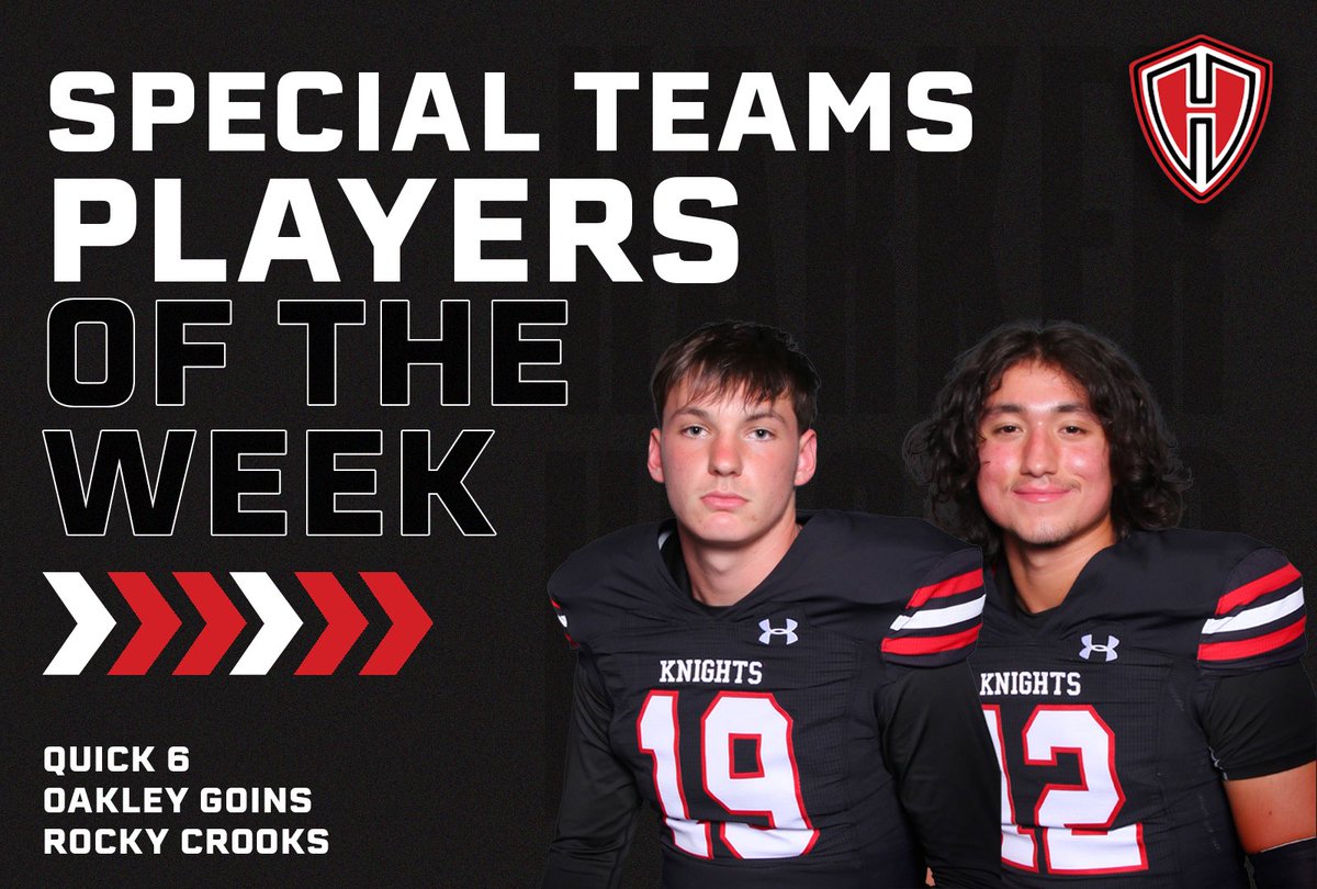 HHKnights_FB's tweet photo. 🔴 Game 8 Special Teams, Attack Team, &amp; Subvarsity POTW 🛡️⚔️
🧹🧹🧹🧹

JV = J. Mason, McDaniel, McKnight, Cannon, C. Sierra, J. Mayes, J. Davis

9th = Red OL, Red DL, A. Santos, A. Anduze, M. Loa, Q. Merida

#RepTheShield 🛡️ #HonorHeights ⚔️
@KilleenISD_ https://t.co/jASwEqomzf