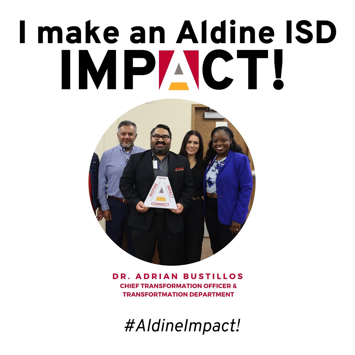 🎉 Shoutout to Dr. Adrian Bustillos and the Office of Transformation team for winning the Aldine Impact Award at today’s Accelerate Leadership Meeting! 🏆

Your hard work and dedication are driving positive change across the district. Congratulations on this well-deserved