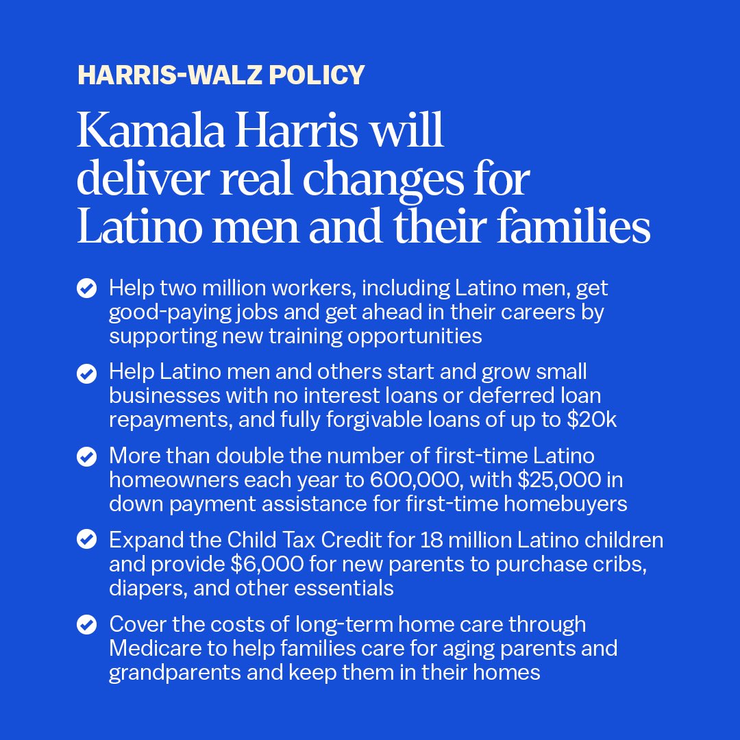 .<a href="/KamalaHarris/">Kamala Harris</a> believes in the power and potential of Latinos to move our economy forward. Her new Opportunity Agenda for Latino Men will lower costs, create good jobs, and help Latino men achieve their goals.
#JuntosConHarrisWalz