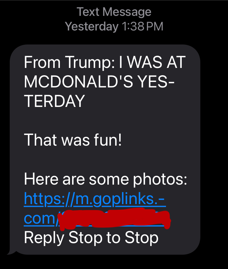RepublicanMail's tweet image. Links to secure.winred.com/trump-national…

"I am the first and only 2024 presidential nominee to work at McDonald’s."