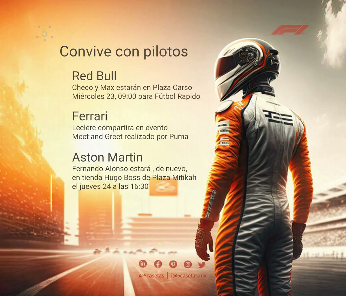5Casetas's tweet photo. Convive con pilotos de #F1:
Día 23
Red Bull - 09:00
Checo y Max en Plaza Carso fútbol rápido con retas
Ferrari
Charles Leclerc en Meet and Greet realizado por Puma
Día 24
Aston Martin - 16:30
Fernando Alonso en tienda Hugo Boss de Plaza Mitikah
#ChilangostlánGrandPrix #CDMXGP https://t.co/aBl513RW9r