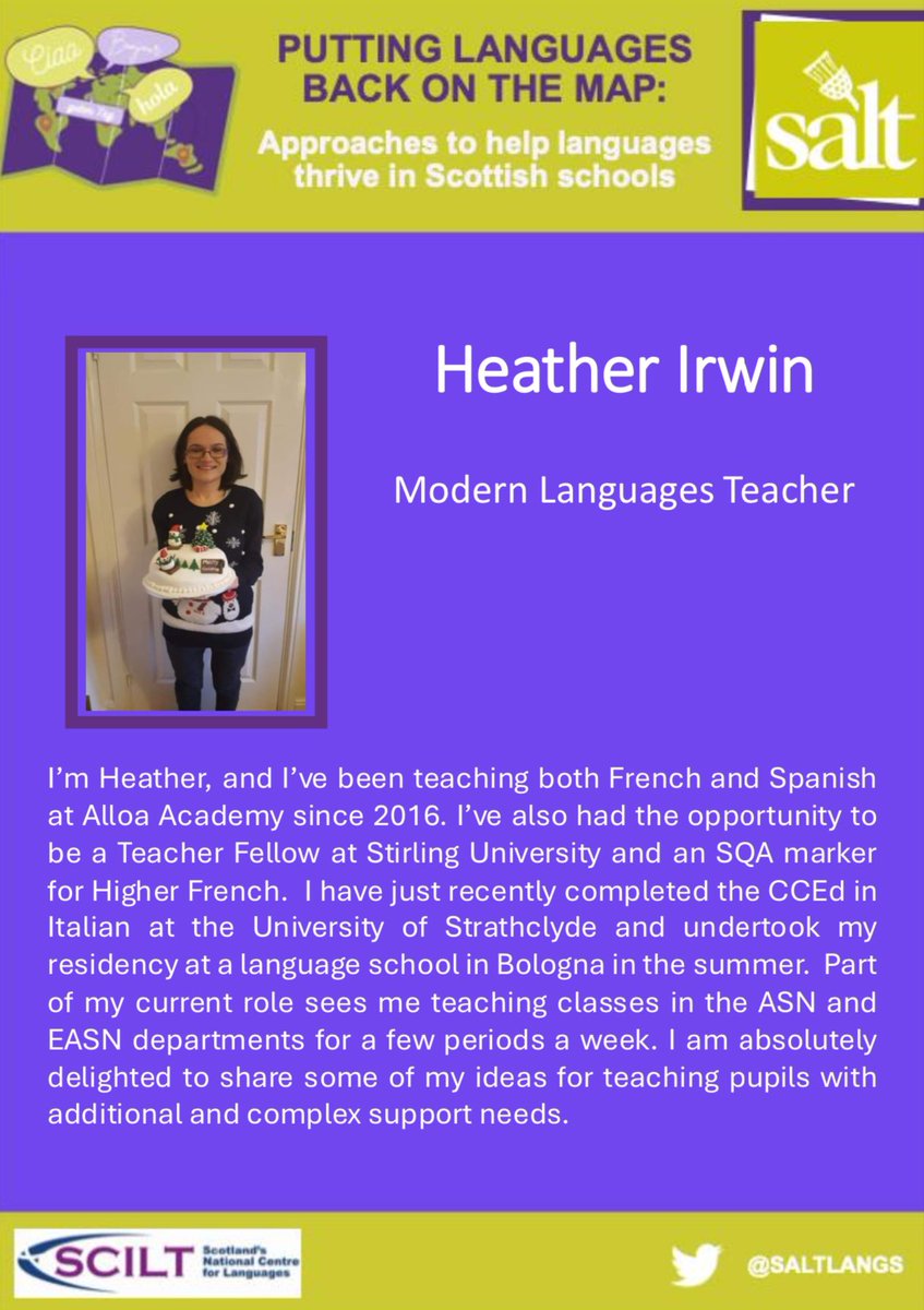 SALTLANGS's tweet image. SPEAKER SPOTLIGHT! Join @MissIrwin_ML as she discusses how she approaches teaching languages to pupils with complex and additional support needs. This is an unmissable one for both primary and secondary colleagues alike! Sign up closes on Friday, all details below ๐๐ผ