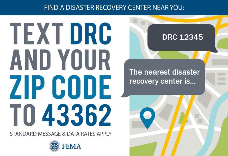 If you have questions about your application status, want to find resources to help you recover, or need in-person support with ASL or assisted listening devices, visit a local Disaster Recovery Center! Text DRC &amp; your ZIP CODE to 43362 to find a DRC near you.

#Helene
#Milton
